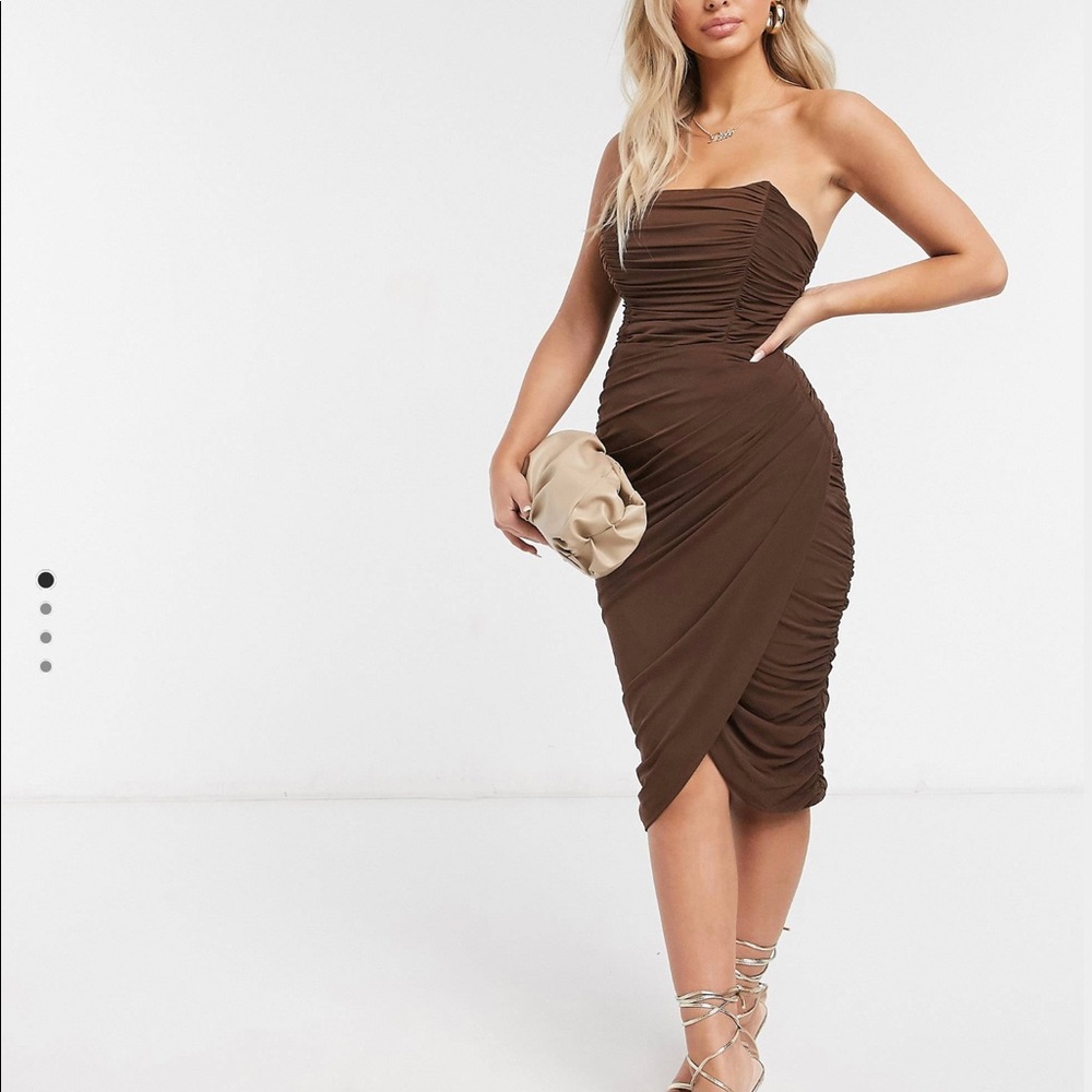 Brown Strapless Midi Ruched Dress by Rare London